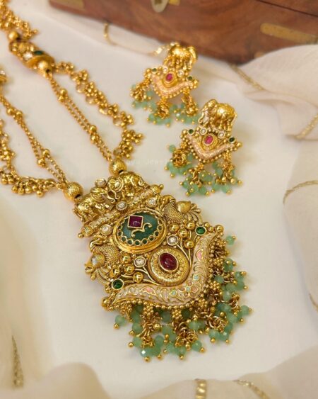 Kaanti Long Heritage Elephant Pendant Necklace Set - Seagreen