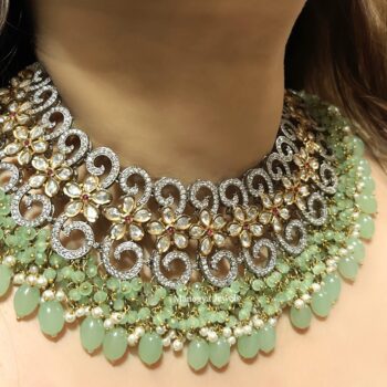 Aishwarya Polki Kundan Necklace Set - Seagreen