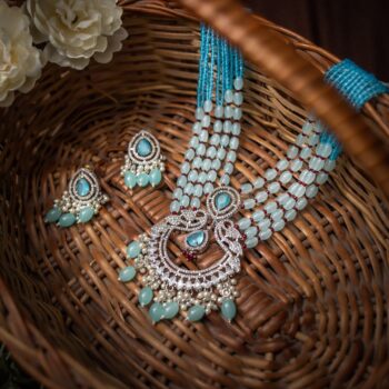 Aradhana Long Diamond Necklace Set - Sky Blue