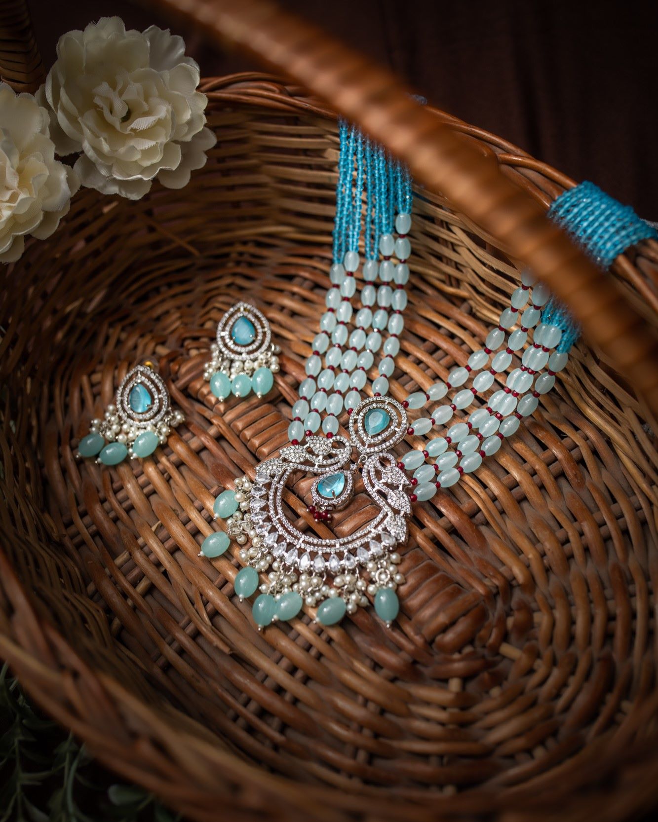 Aradhana Long Diamond Necklace Set - Sky Blue