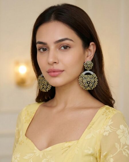 Bageecha Floral Lattice Statement Chandbali Earrings - Yellow