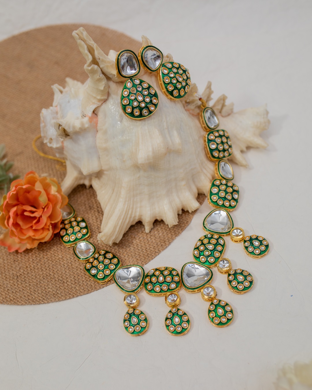 Adhisha Kundan Necklace Set - Green