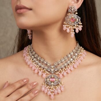 Adweta Double-Layered Polki Necklace Set – Pink