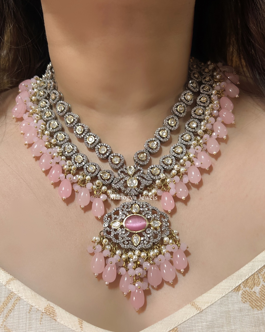Adweta Double-Layered Polki Necklace Set – Pink