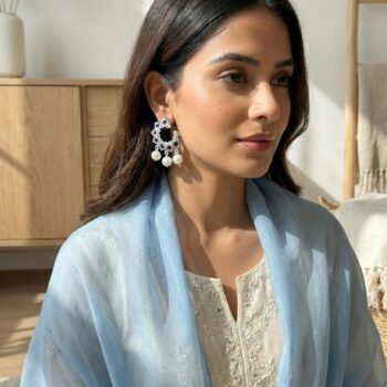 Akira Crescent Earrings with Pearl Droplets - Blue