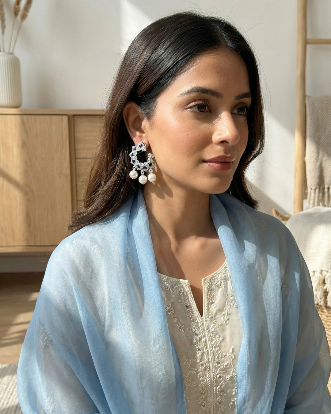 Akira Crescent Earrings with Pearl Droplets - Blue