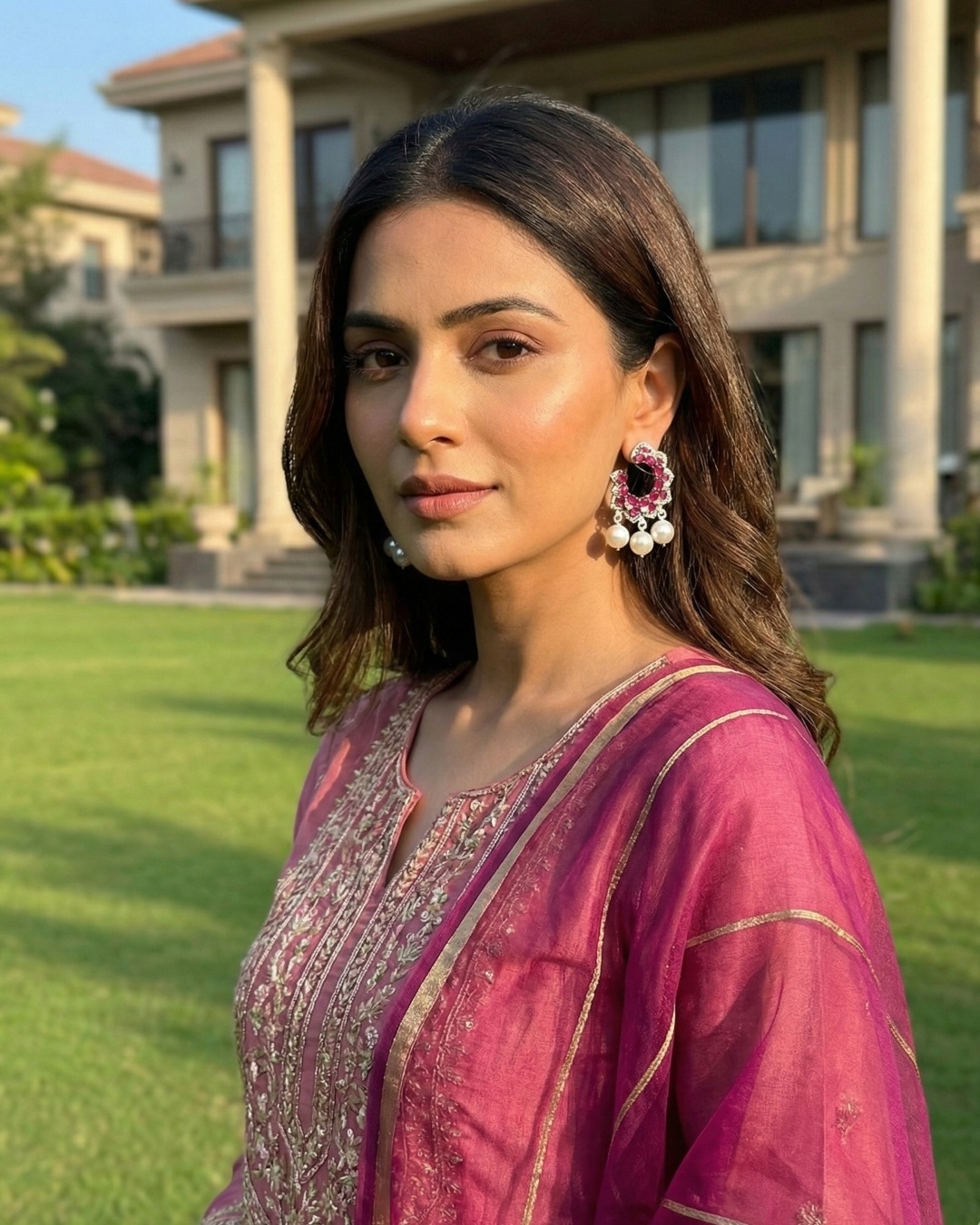 Akira Crescent Earrings with Pearl Droplets - Magenta