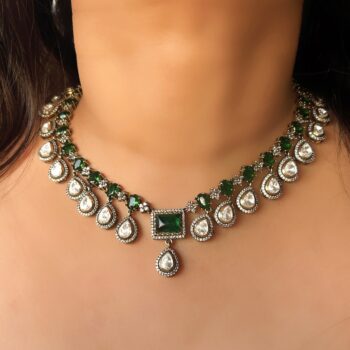 Alaknanda Polki Droplet Necklace Set - Green