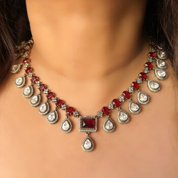 Alaknanda Polki Droplet Necklace Set - Maroon