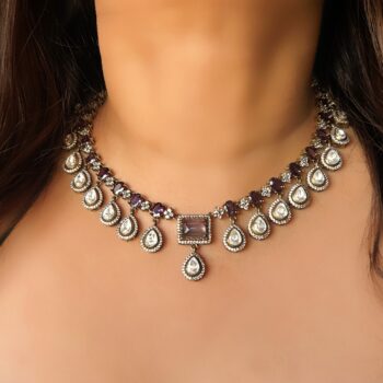 Alaknanda Polki Droplet Necklace Set - Purple