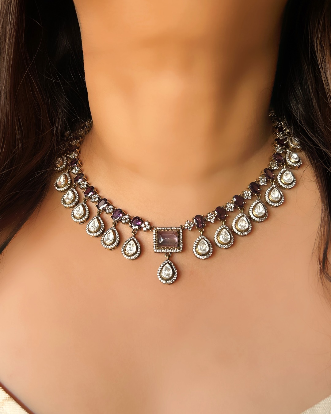 Alaknanda Polki Droplet Necklace Set - Purple