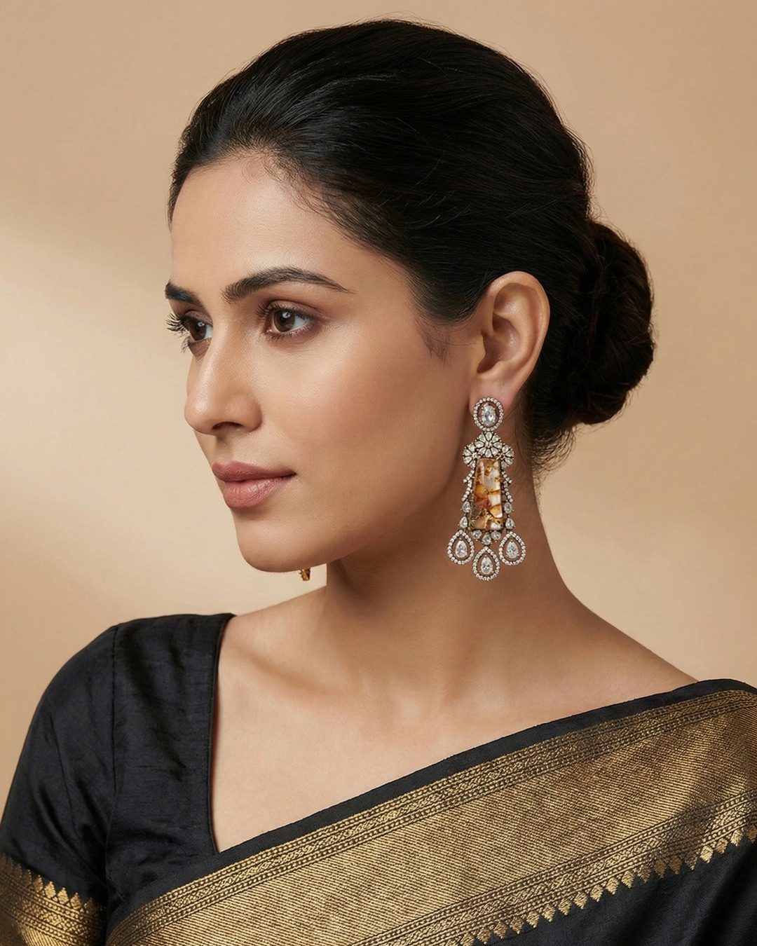 Alaya Marble Stone Long AD Earrings - Gold