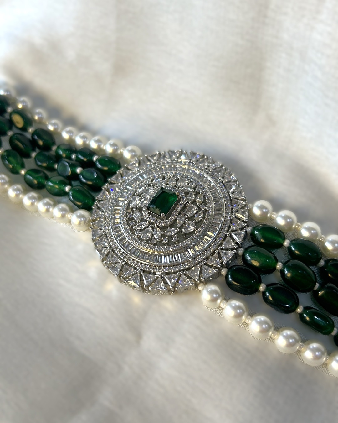 Alishba AD Pearl Choker Necklace Set - Green