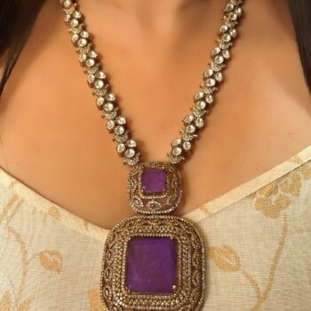 Ananya Long Polki Necklace Set - Purple