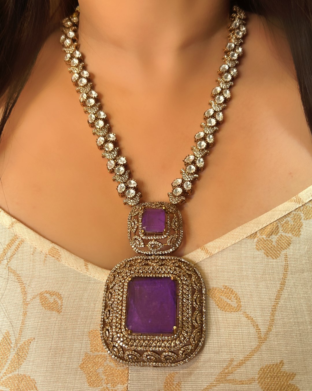 Ananya Long Polki Necklace Set - Purple