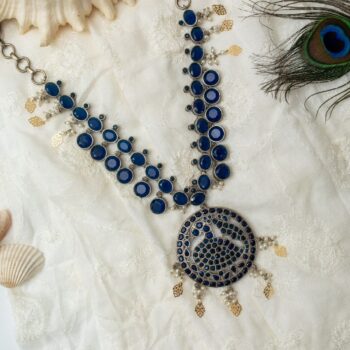 Anisha Stone Necklace with Peacock Motif - Dark Blue