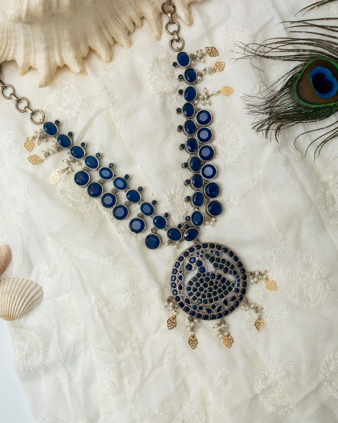 Anisha Stone Necklace with Peacock Motif - Dark Blue
