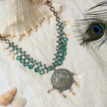 Anisha Stone Necklace with Peacock Motif - Mint Blue