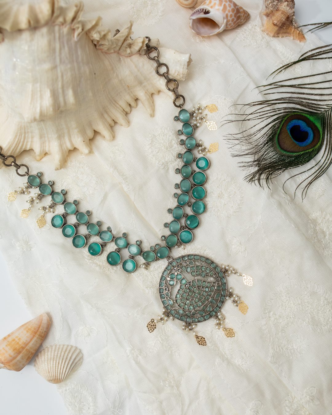 Anisha Stone Necklace with Peacock Motif - Mint Blue