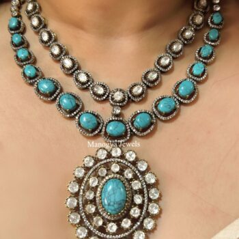 Anjali Two-Layer Polki Necklace Set - Turquoise