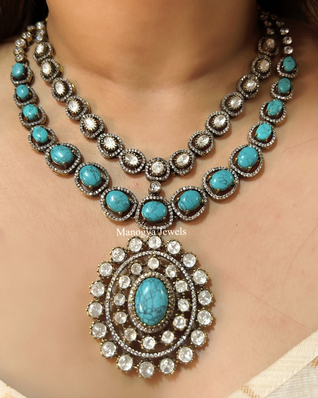 Anjali Two-Layer Polki Necklace Set - Turquoise