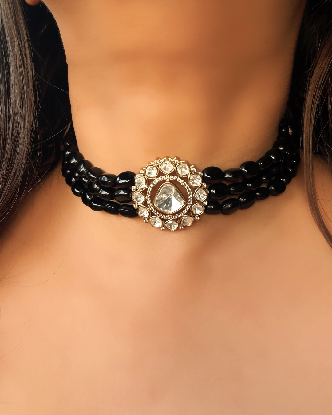 Aruna Bold Polki Choker Necklace Set - Black