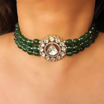 Aruna Bold Polki Choker Necklace Set - Green