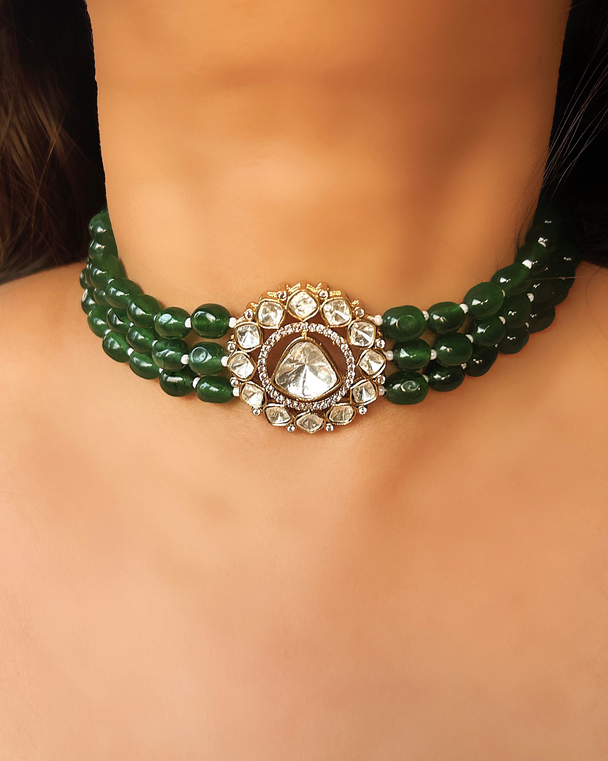 Aruna Bold Polki Choker Necklace Set - Green