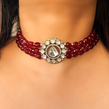 Aruna Bold Polki Choker Necklace Set - Maroon