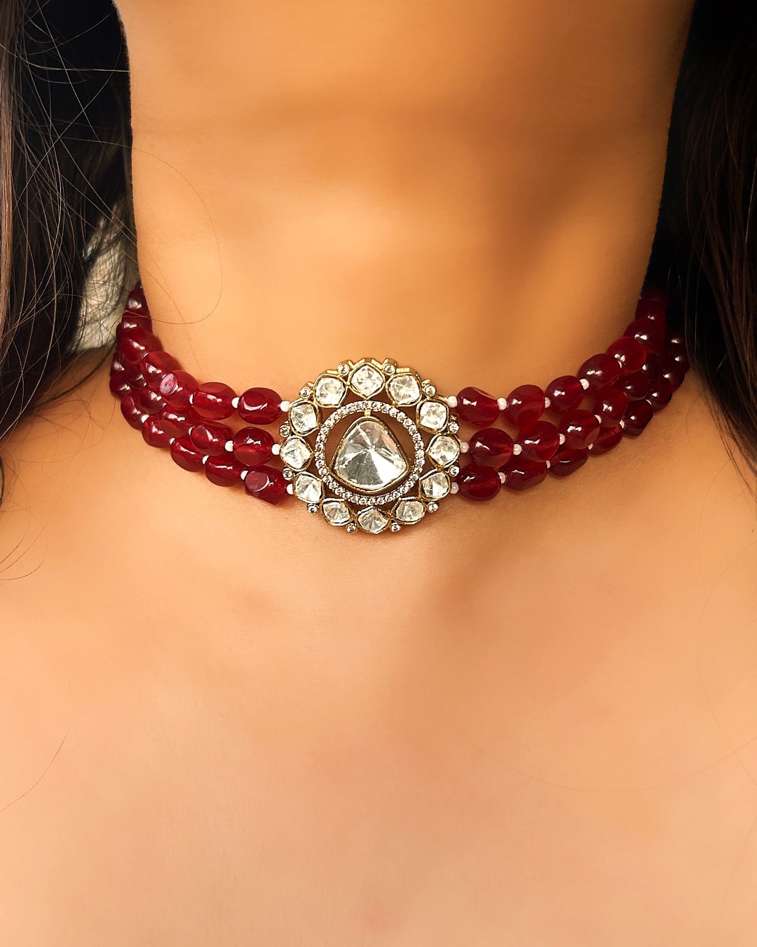 Aruna Bold Polki Choker Necklace Set - Maroon