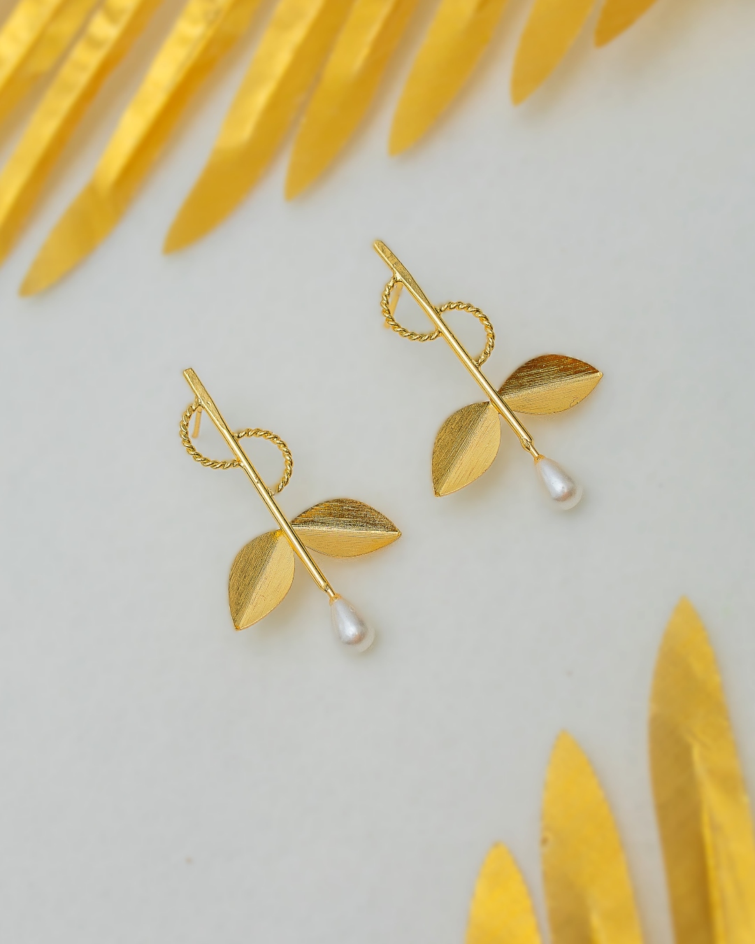 Aylin Gold Leaf and Pearl Drop Earrings