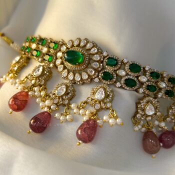 Bandhan Polki Choker Necklace Set - Emerald Green
