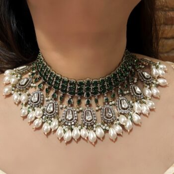 Brijnandini Polki Diamond Choker Necklace Set - Green