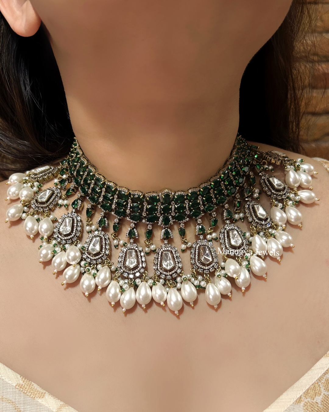 Brijnandini Polki Diamond Choker Necklace Set - Green