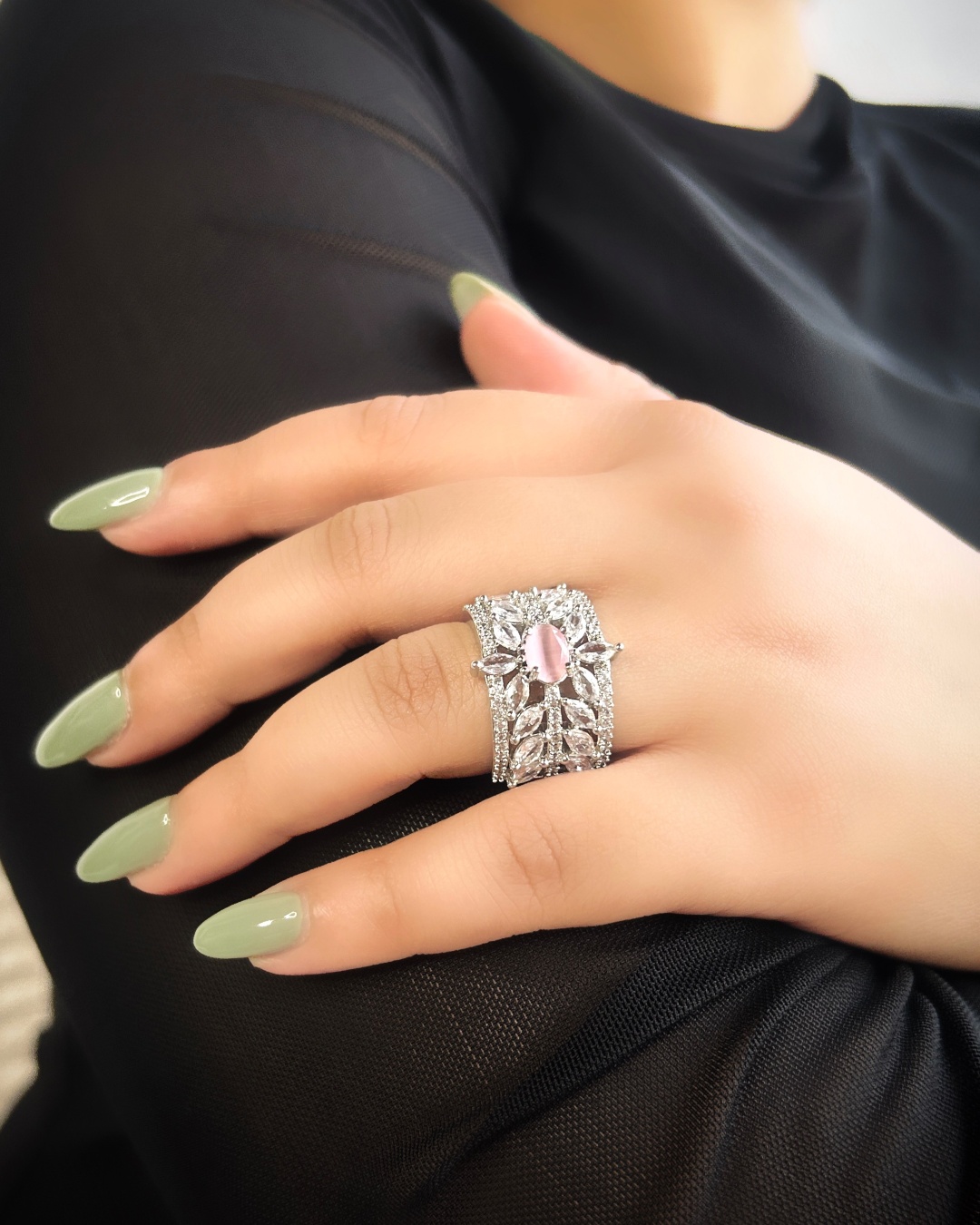 Carrie Broad Diamond Band Ring with Pink Stone