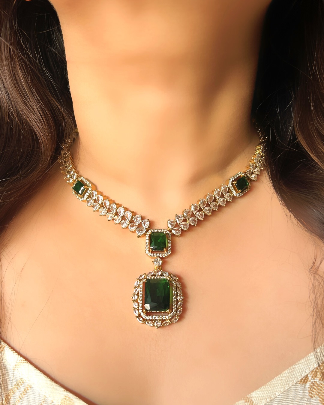 Charlotte American Diamonds Necklace Set - Emerald Green
