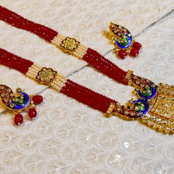Mrinmai Kundan Long Necklace Set - Red