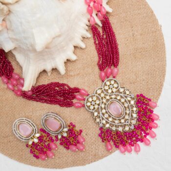 Damini Kundan Necklace Set - Pink