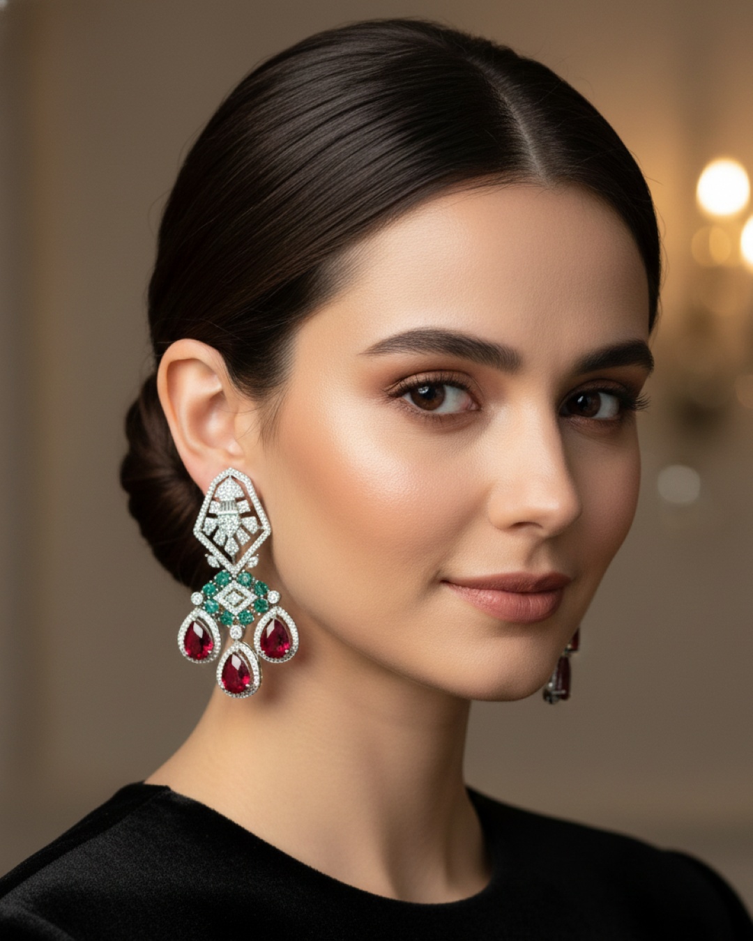 Deira Statement CZ Earrings - Mint/Ruby