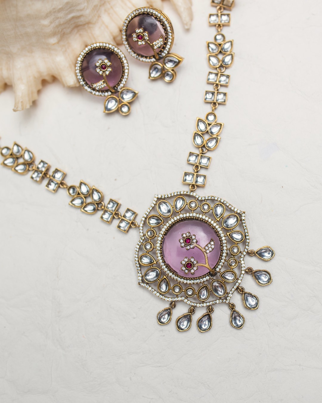 Divyanka Long Kundan Necklace Set - Purple