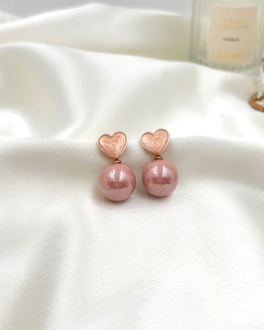Edwina Pearl Drop Heart Earrings - Pink