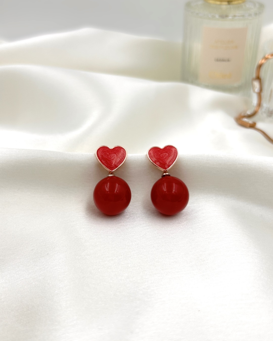 Edwina Pearl Heart Drop Earrings – Red