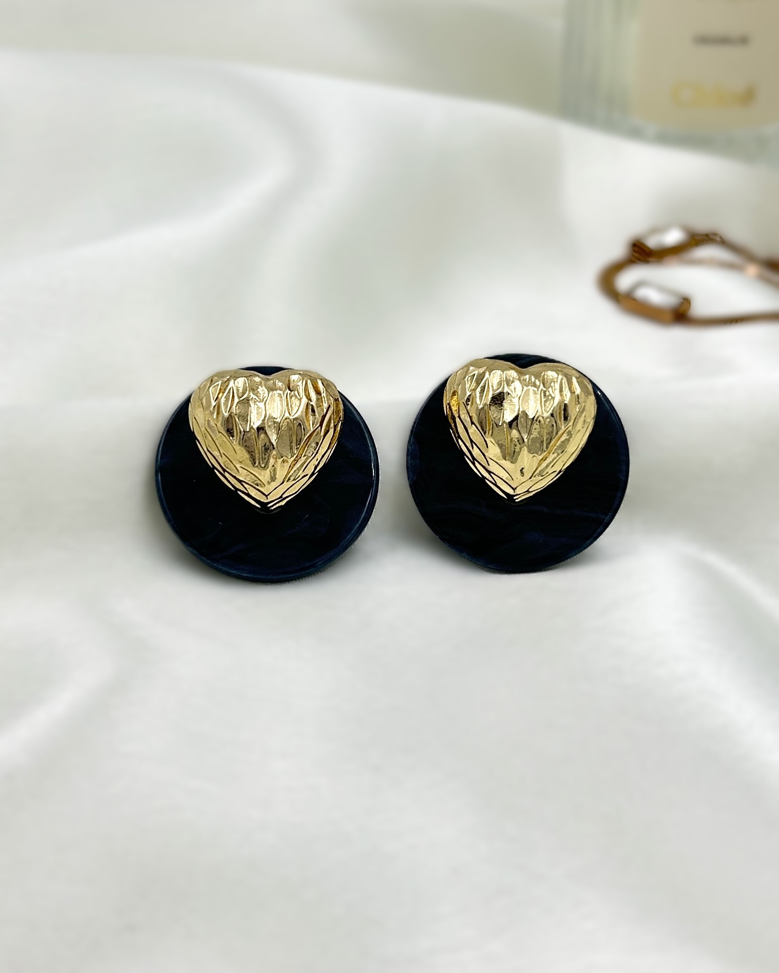 Emily Gold Heart Earrings - Black