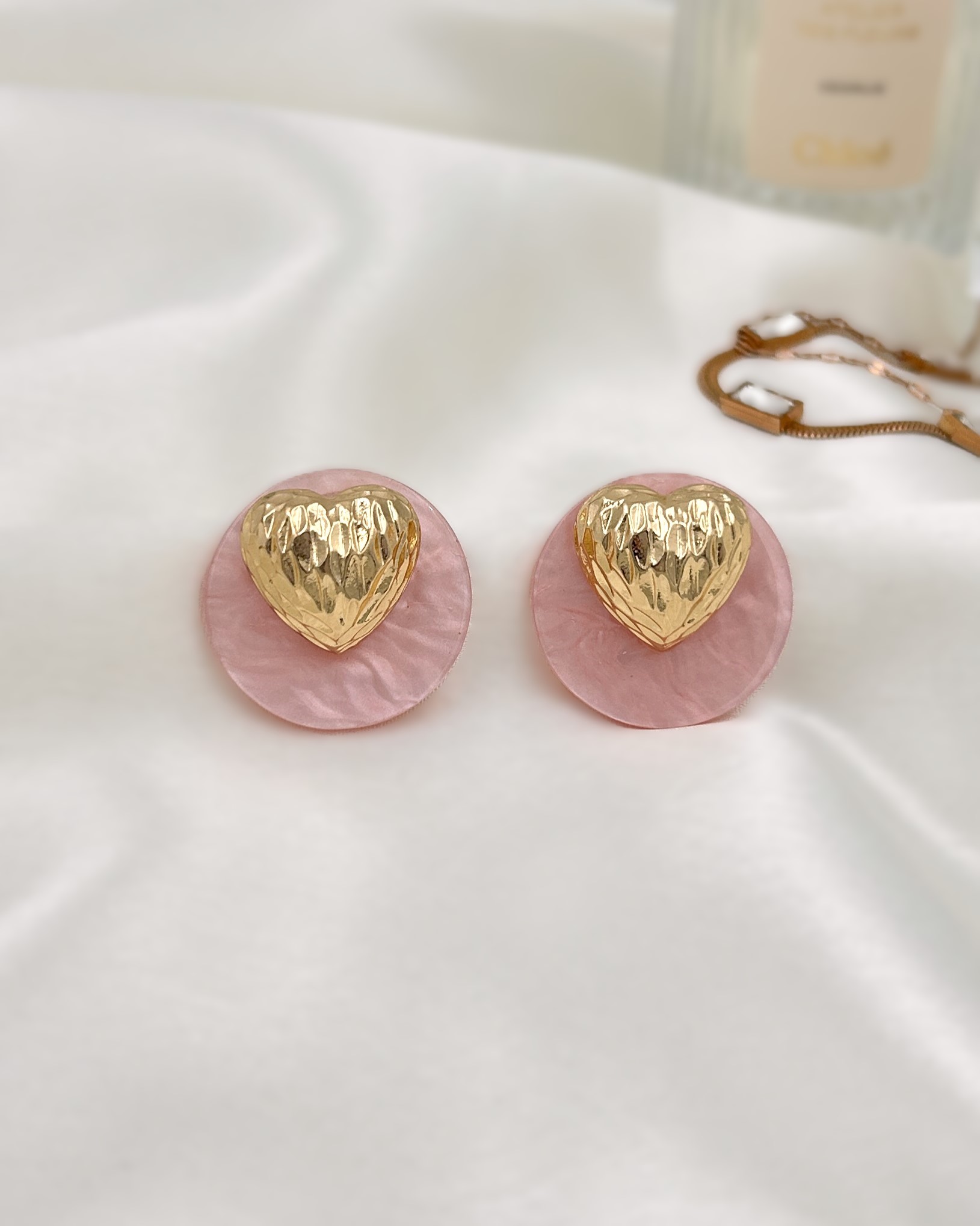 Emily Gold Heart Earrings - Pink