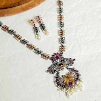 Falak Oxidised Long Necklace Set - Maroon/Black