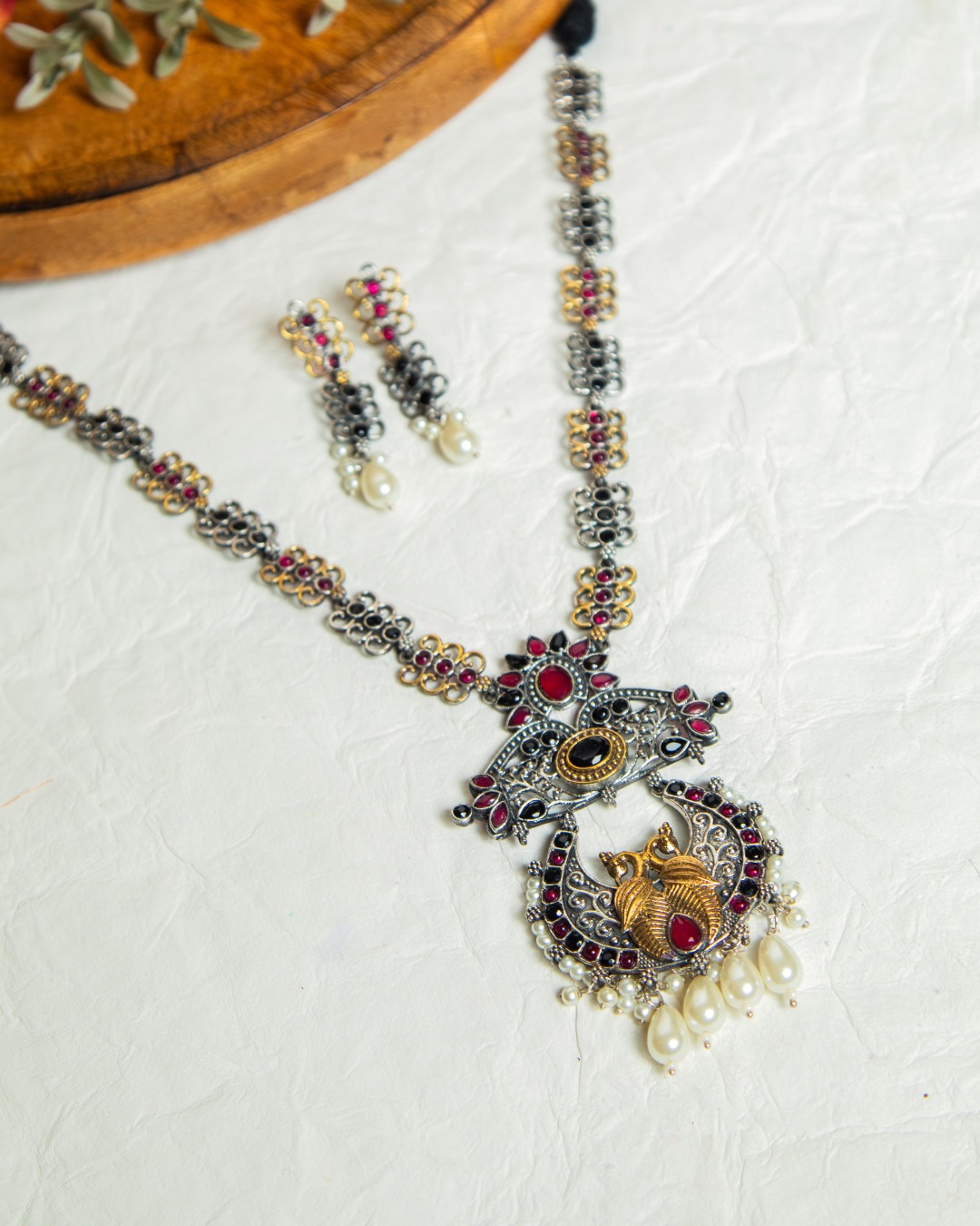Falak Oxidised Long Necklace Set - Maroon/Black