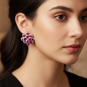 Geisha Luxurious Cluster AD Stud Earrings - Magenta