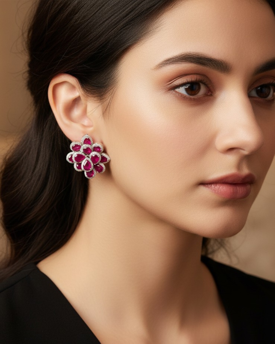 Geisha Luxurious Cluster AD Stud Earrings - Magenta