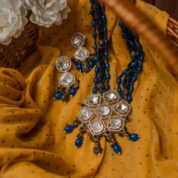 Irya Polki Flower Long Necklace Set - Blue