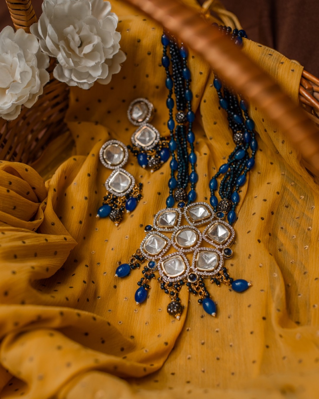 Irya Polki Flower Long Necklace Set - Blue